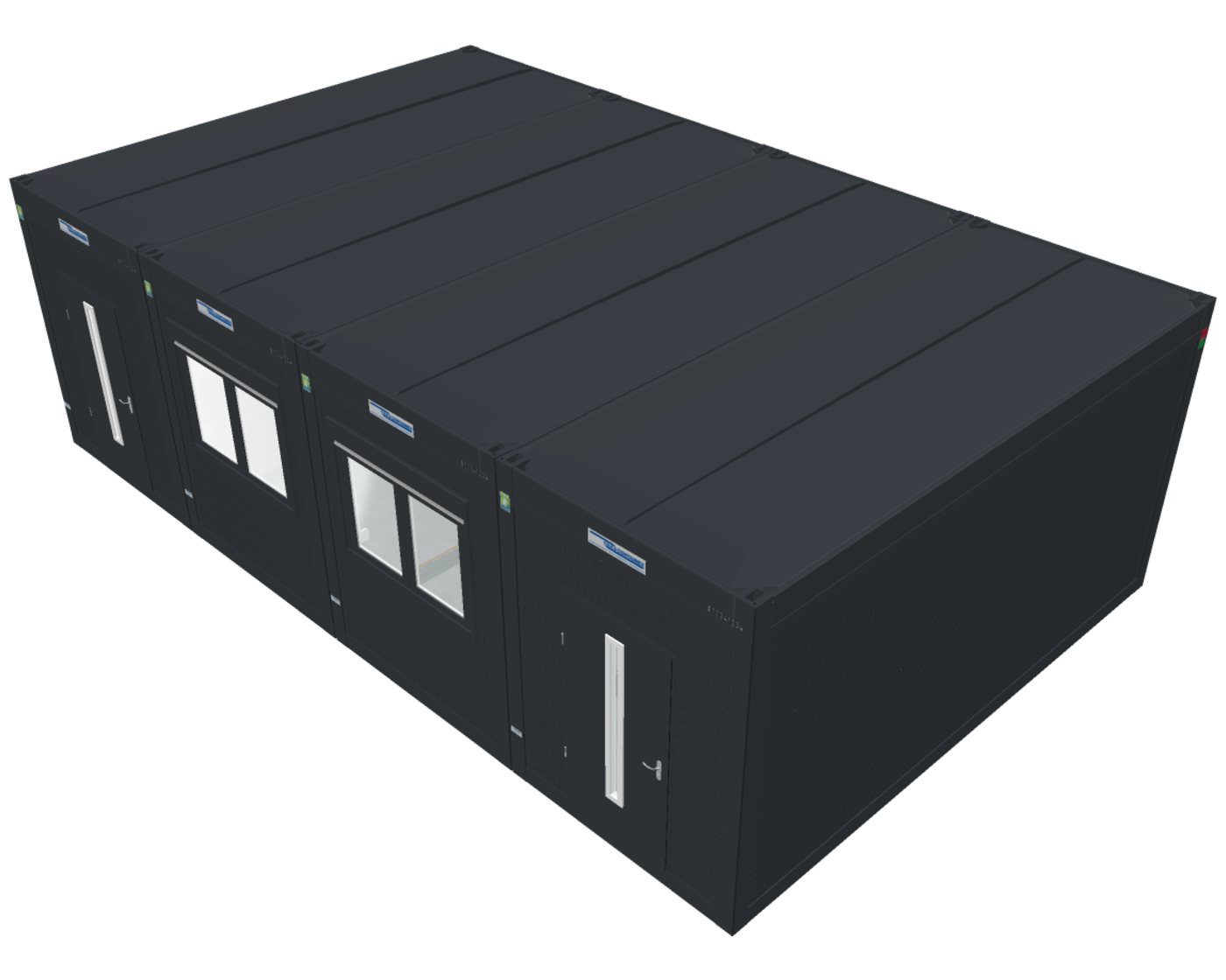 Vue extérieure illustrative d’un ensemble de quatre modules pour un espace scolaire