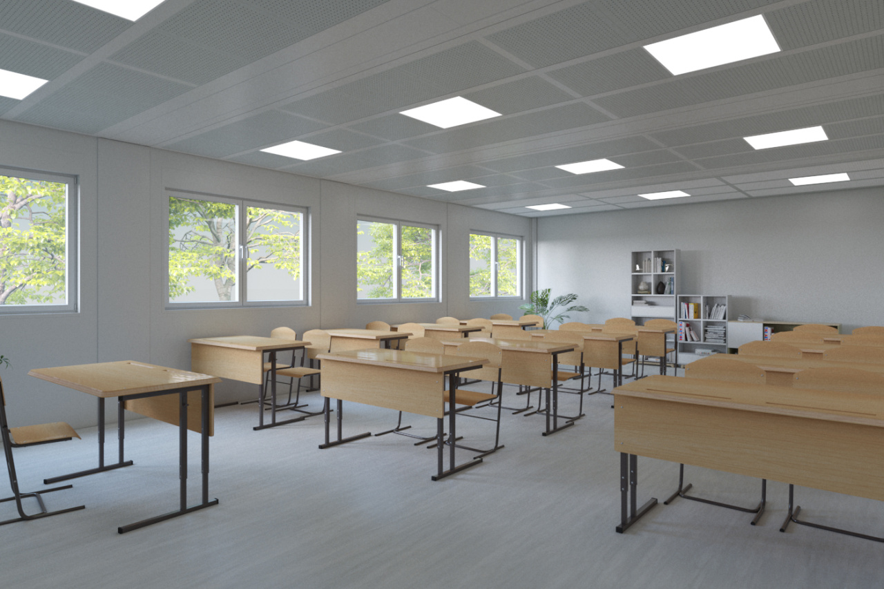 Illustration d’une salle de classe modulaire lumineuse avec tables, grandes fenêtres et éclairage au plafond
